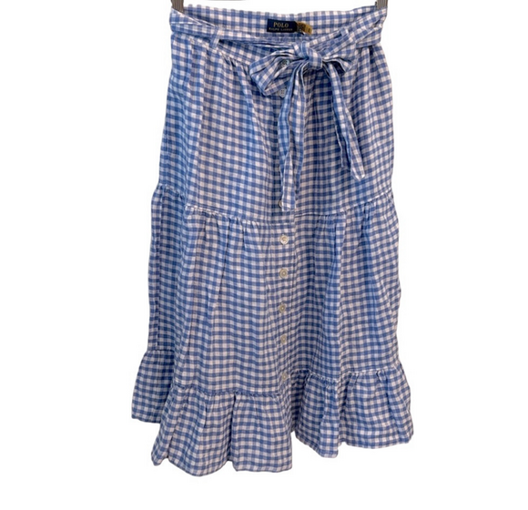 POLO Ralph Lauren Blue Gingham Linen Tiered Ruffle Midi Skirt w/ Pockets Sz 4 - Picture 13 of 16